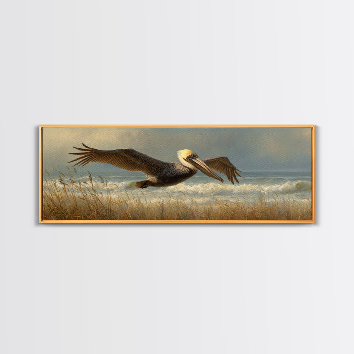 Pelican Flying over Coastal Waves Framed Canvas Print, Bird Art, Japanese Wall Art, Living Room Decor, Fine Art, Flight, BIR-3x1-58