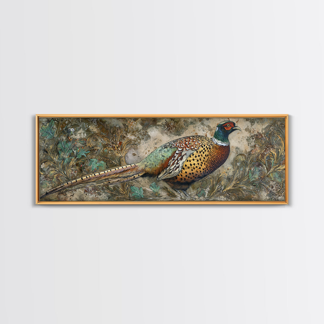 Pheasant with Ornate Feather Details Framed Canvas Print, Bird Art, Wall Art, Living Room Decor, Flight, Japanese Wall Art, BIR-3x1-59