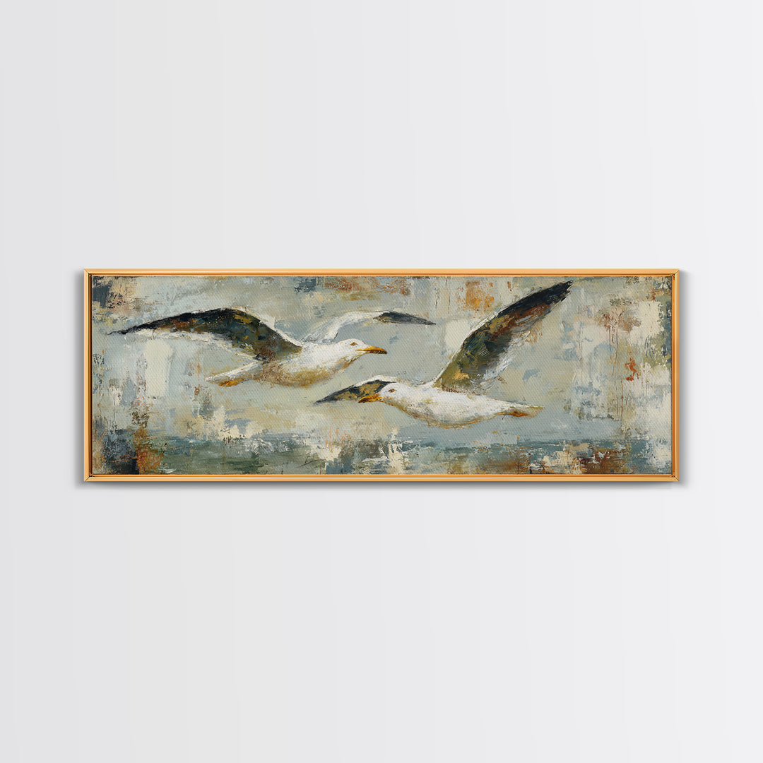 Seagulls Above a Pale Beach Horizon Framed Canvas Print, Bird Art, Boho Decor, Living Room Decor, Oil Painting, Flight, BIR-3x1-60