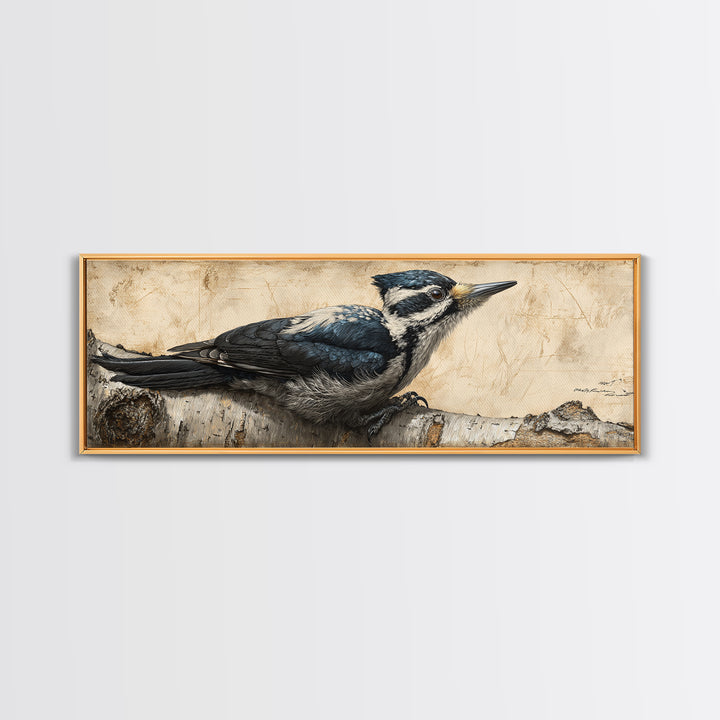 Woodpecker on Birch Bark Texture Canvas Print, Bird Art, Digital Download Art, Living Room Decor, Oil Painting, Flight, BIR-3x1-61
