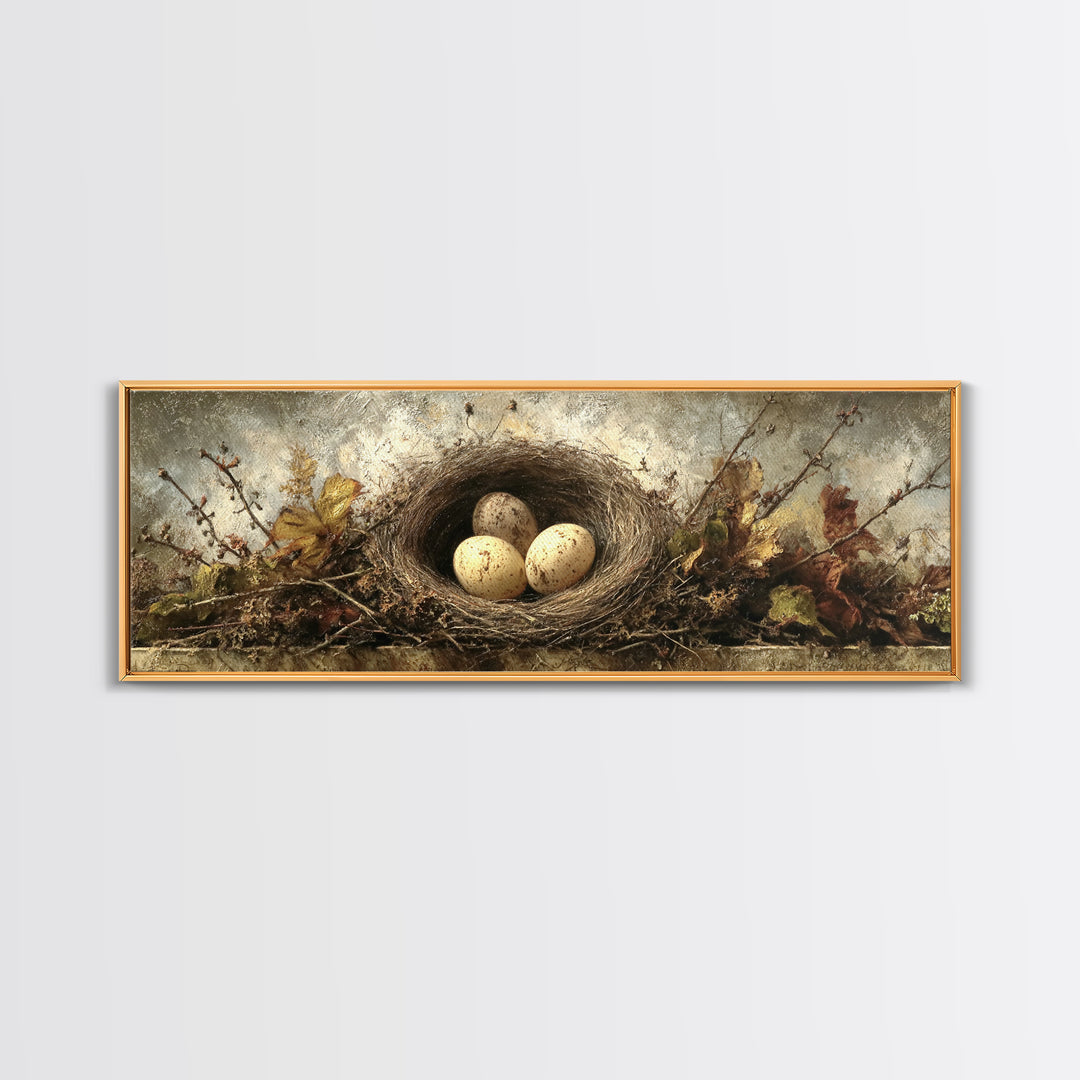 Bird Nest with Eggs and Delicate Twigs Canvas Print, Bird Art, Gallery Decor, Living Room Decor, Oil Painting, Flight, BIR-3x1-62