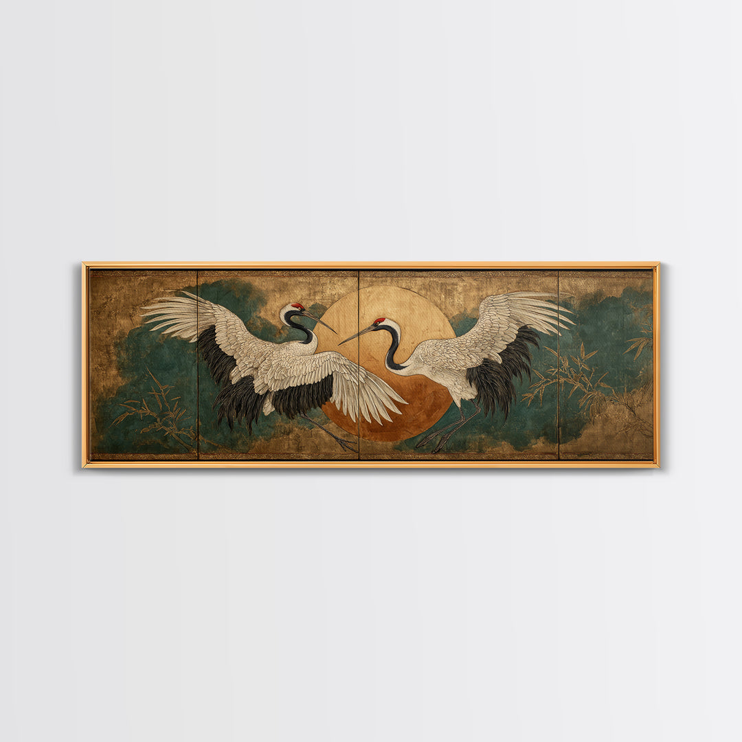 Pair of Cranes Dancing Framed Canvas Print, Bird Art, Digital Print, Living Room Decor, Abstract Art, Flight, Bird Prints, BIR-3x1-67