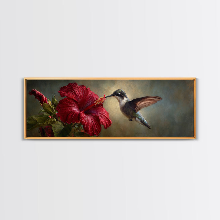 Hummingbird Hovering Beside Bright Hibiscus Framed Canvas Print, Bird Art, Living Room Decor, Watercolor Art, Flight, BIR-3x1-68