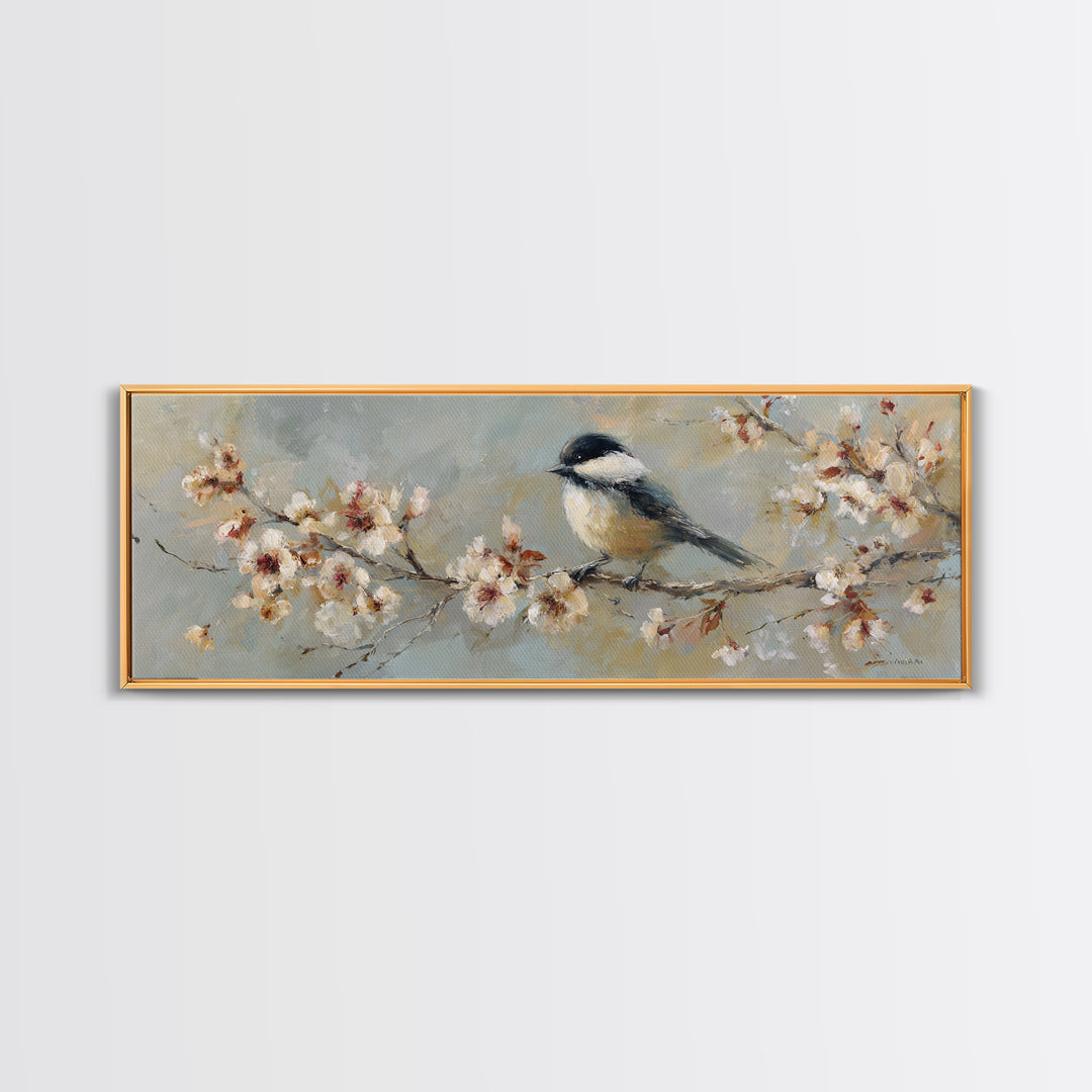 Songbird Perched on Cherry Blossoms Framed Canvas Print, Bird Art, Wall Art, Living Room Decor, Flight, Japanese Wall Art, BIR-3x1-72