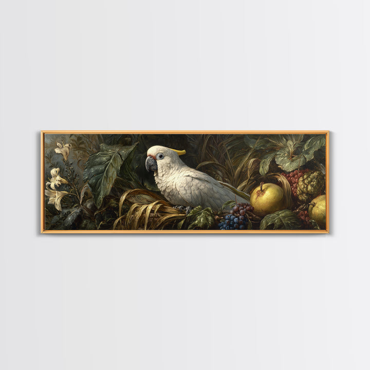 Parrot Among Tropical Leaves and Fruit Framed Canvas Print, Bird Art, Bird Prints, Living Room Decor, Fine Art, Flight, BIR-3x1-77