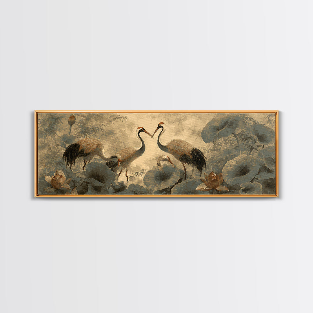 Crane and Lotus Composition Framed Canvas Print, Bird Art, Mid Century Wall Art, Living Room Decor, Fine Art, Flight, BIR-3x1-81