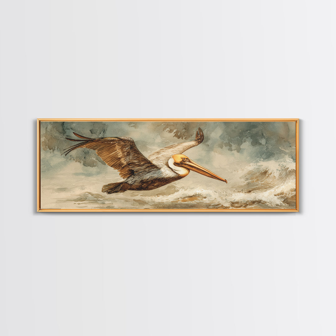 Pelican Flying over Coastal Waves Framed Canvas Print, Bird Art, Japanese Wall Art, Living Room Decor, Fine Art, Flight, BIR-3x1-82