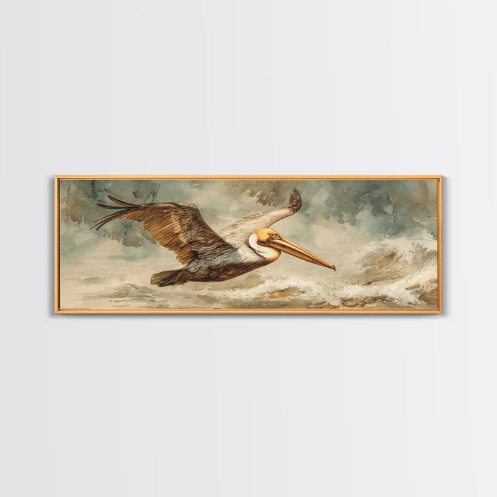 Pelican Flying over Coastal Waves Framed Canvas Print, Bird Art, Japanese Wall Art, Living Room Decor, Fine Art, Flight, BIR-3x1-82