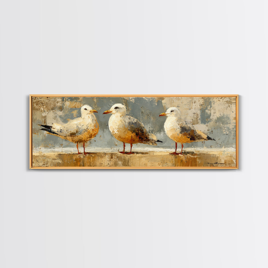 Seagulls Above a Pale Beach Horizon Framed Canvas Print, Bird Art, Digital Prints, Living Room Decor, Fine Art, Flight, BIR-3x1-84