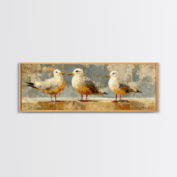 Seagulls Above a Pale Beach Horizon Framed Canvas Print, Bird Art, Digital Prints, Living Room Decor, Fine Art, Flight, BIR-3x1-84