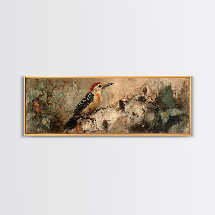 Woodpecker on Birch Bark Texture Canvas Print, Bird Art, Digital Download Art, Living Room Decor, Oil Painting, Flight, BIR-3x1-85