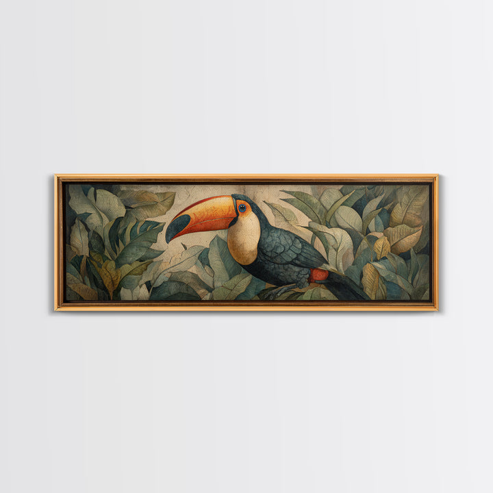 Toucan Framed by Bold Jungle Foliage Framed Canvas Print, Bird Art, Original Art, Living Room Decor, Fine Art, Flight, BIR-3x1-87