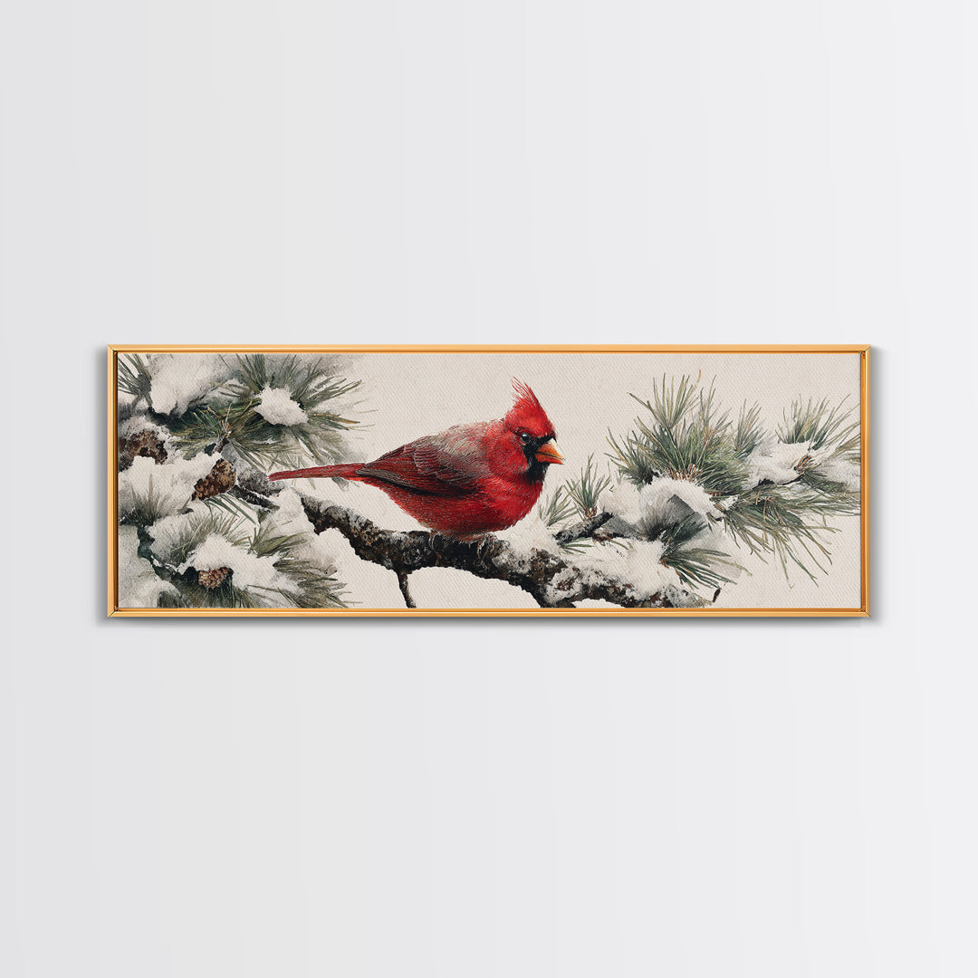 Red Cardinal on Snowy Pine Branch Framed Canvas Print, Bird Art, Floral Art, Living Room Decor, Fine Art, Flight, BIR-3x1-89