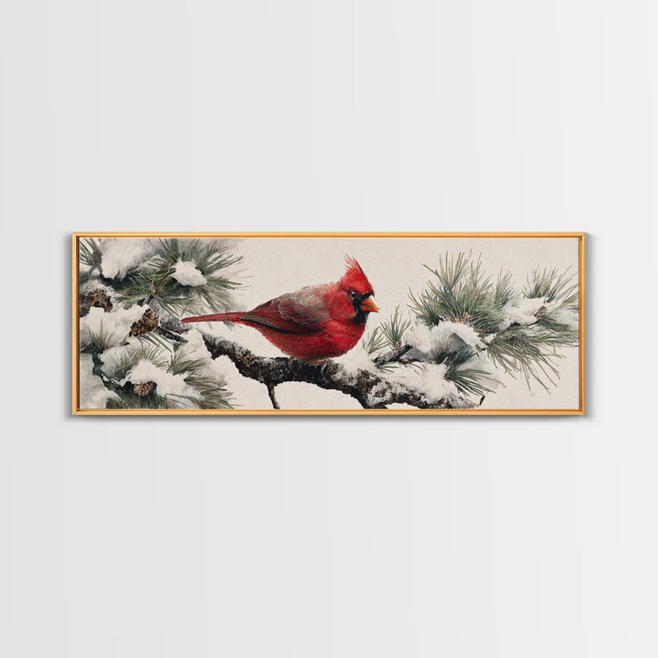 Red Cardinal on Snowy Pine Branch Framed Canvas Print, Bird Art, Floral Art, Living Room Decor, Fine Art, Flight, BIR-3x1-89