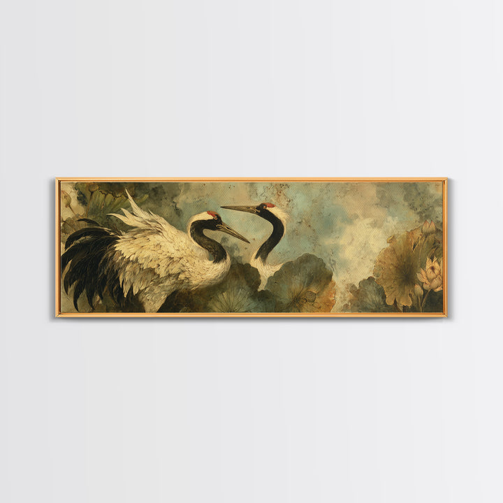 Crane and Lotus Composition Framed Canvas Print, Bird Art, Farmhouse Decor, Living Room Decor, Flight, Digital Download Art, BIR-3x1-9