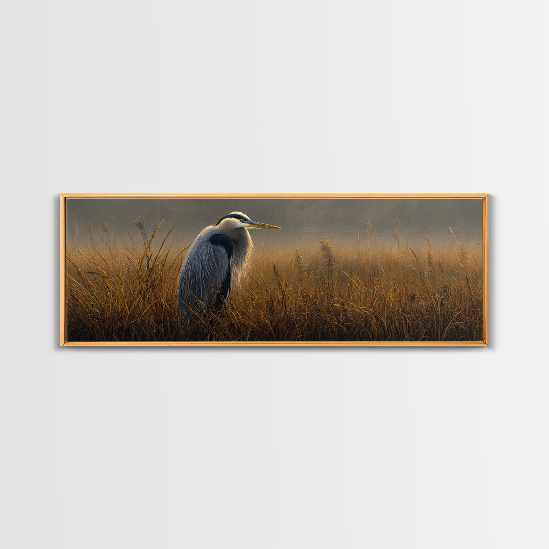 Blue Heron in Misty Marsh Grass Framed Canvas Print, Bird Art, Bird Prints, Living Room Decor, Fine Art, Flight, Modern Decor, BIR-3x1-90