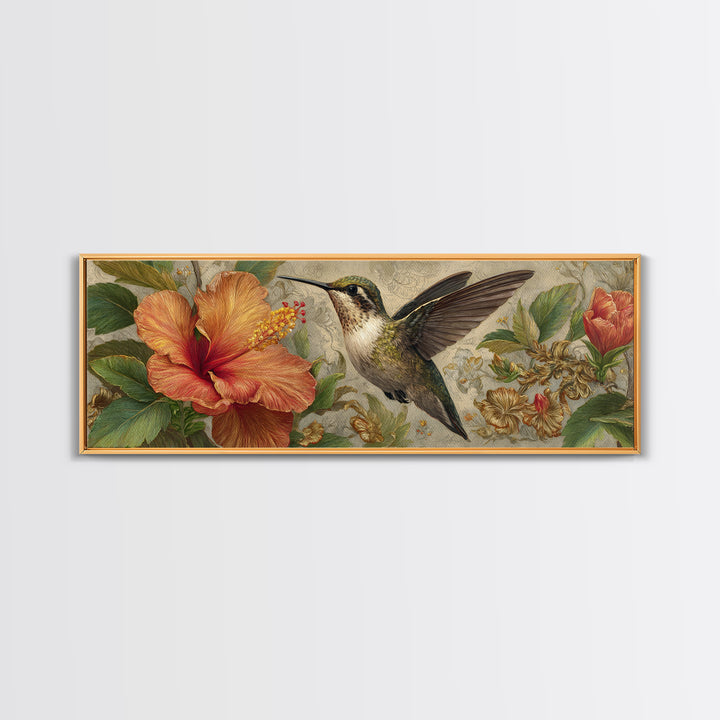 Hummingbird Hovering Beside Bright Hibiscus Canvas Print, Bird Art, Mid Century Modern, Living Room Decor, Oil Painting, Flight, BIR-3x1-92