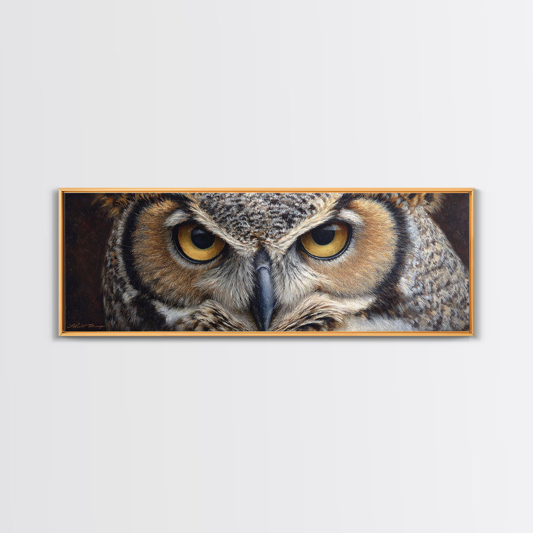 Owl Portrait with Wise Golden Eyes Canvas Print, Bird Art, Forest Wall Art, Living Room Decor, Flight, Minimalist Decor, BIR-3x1-93