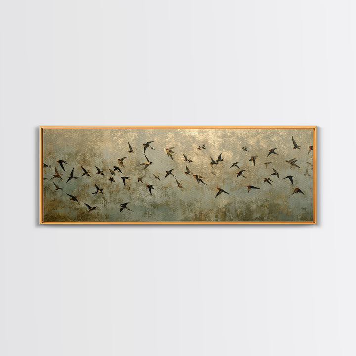Flock of Swallows Sweeping Across Open Sky Canvas Print, Bird Art, Botanical Wall Art, Living Room Decor, Watercolor Art, BIR-3x1-94