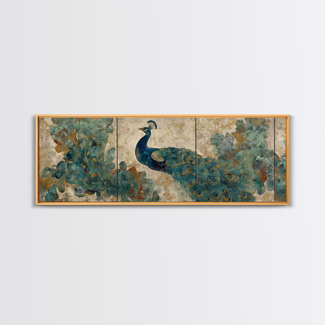 Peacock with Jewel Tone Feather Pattern Canvas Print, Bird Art, Textured Painting, Living Room Decor, Oil Painting, Flight, BIR-3x1-95