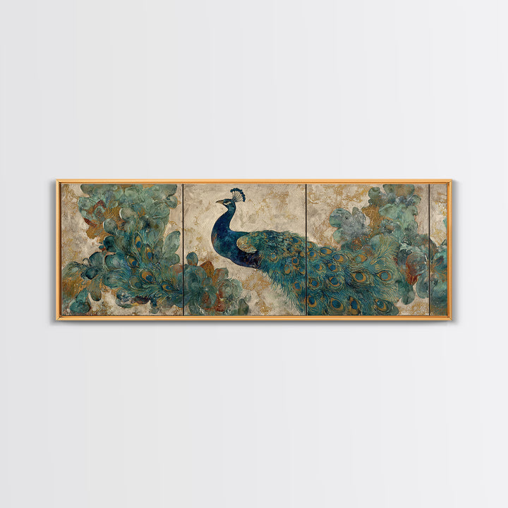 Peacock with Jewel Tone Feather Pattern Canvas Print, Bird Art, Textured Painting, Living Room Decor, Oil Painting, Flight, BIR-3x1-95