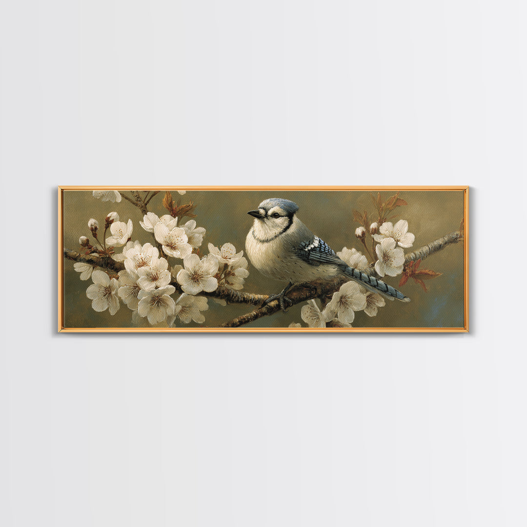 Songbird Perched on Cherry Blossoms Canvas Print, Bird Art, Neutral Decor, Living Room Decor, Fine Art, Flight, Wall Art, BIR-3x1-96