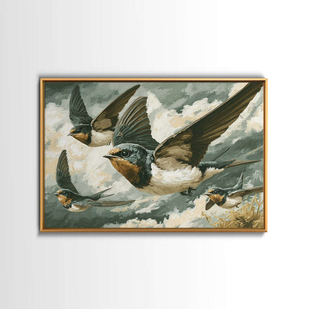 Flock of Swallows Sweeping Across Open Sky Framed Canvas Print, Bird Art, Watercolor Painting, Living Room Decor, Flight, BIR-3x2-10