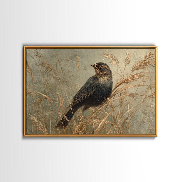 Blackbird on Gold Wheat Field Framed Canvas Print, Bird Art, Fine Art Print, Living Room Decor, Oil Painting, Flight, BIR-3x2-100