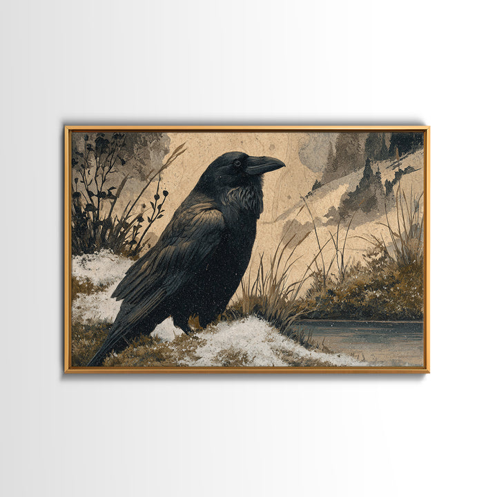 Raven Silhouette with Gothic Atmosphere Framed Canvas Print, Bird Art, Living Room Decor, Watercolor Art, Flight, BIR-3x2-13