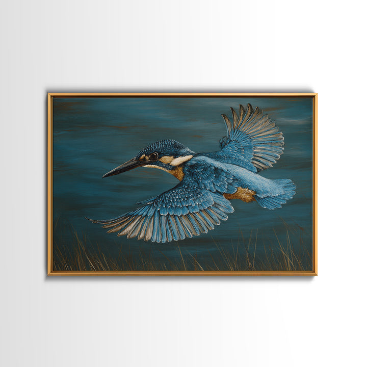 Kingfisher Diving Toward Blue Water Framed Canvas Print, Bird Art, Printable Art, Living Room Decor, Fine Art, Flight, BIR-3x2-15