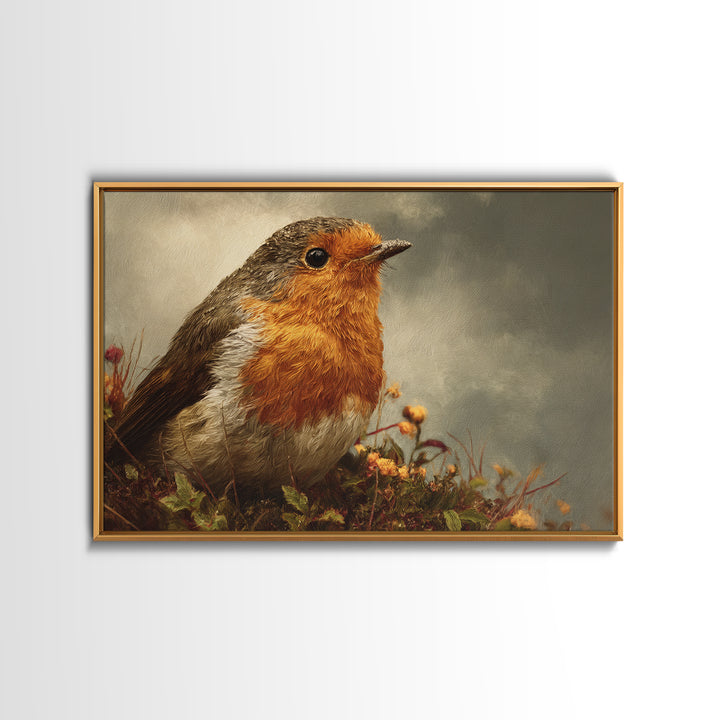 Robin in a Spring Garden with Soft Framed Canvas Print, Bird Art, Nature Prints, Living Room Decor, Fine Art, Flight, BIR-3x2-19