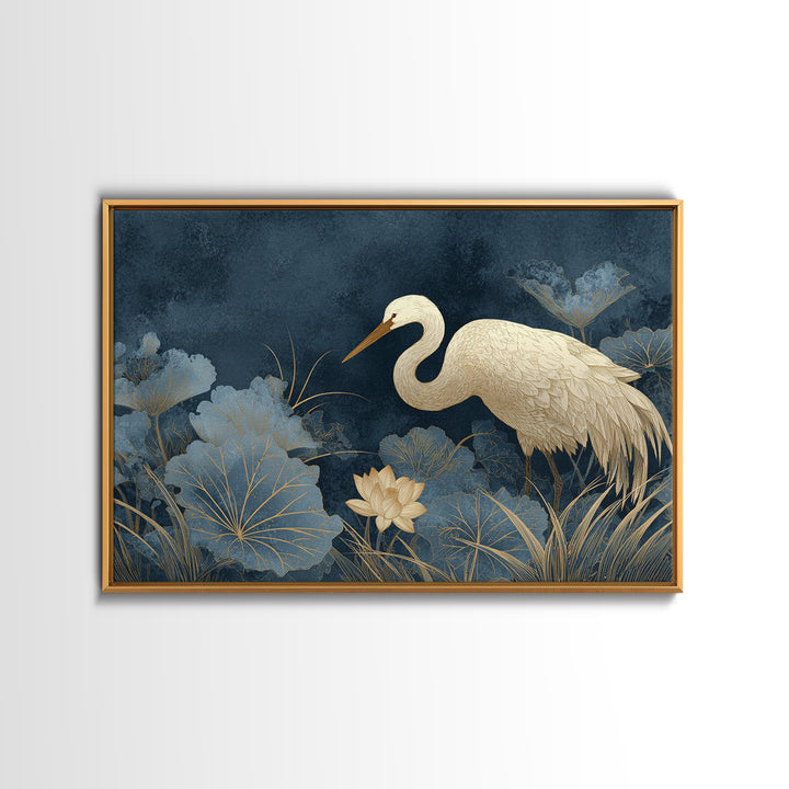 Crane and Lotus Composition Canvas Print, Bird Art, Botanical Wall Art, Living Room Decor, Fine Art, Flight, Forest Wall Art, BIR-3x2-21