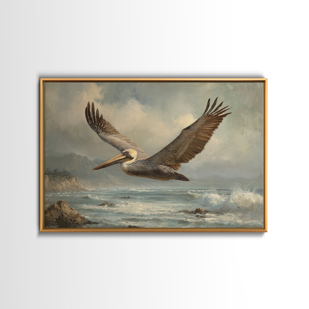 Pelican Flying over Coastal Waves Canvas Print, Bird Art, Printable Art, Living Room Decor, Oil Painting, Flight, BIR-3x2-22
