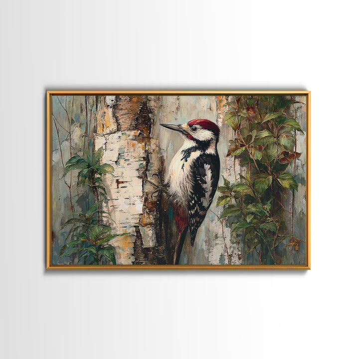 Woodpecker on Birch Bark Texture Framed Canvas Print, Bird Art, Gallery Wall, Living Room Decor, Abstract Art, Flight, BIR-3x2-25