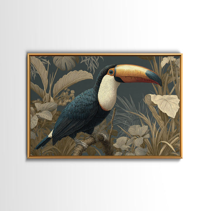 Toucan Framed by Bold Jungle Foliage Framed Canvas Print, Bird Art, Mcm Decor, Living Room Decor, Flight, Neutral Decor, BIR-3x2-27