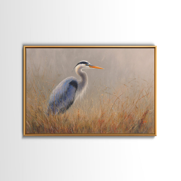 Blue Heron in Misty Marsh Grass Canvas Print, Bird Art, Modern Art, Living Room Decor, Flight, Floral Art, Forest Wall Art, BIR-3x2-30