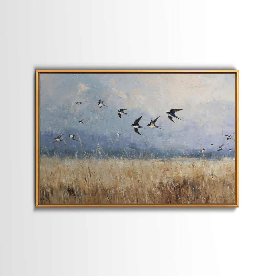 Flock of Swallows Sweeping Across Open Sky Canvas Print, Bird Art, Botanical Wall Art, Living Room Decor, Watercolor Art, BIR-3x2-34