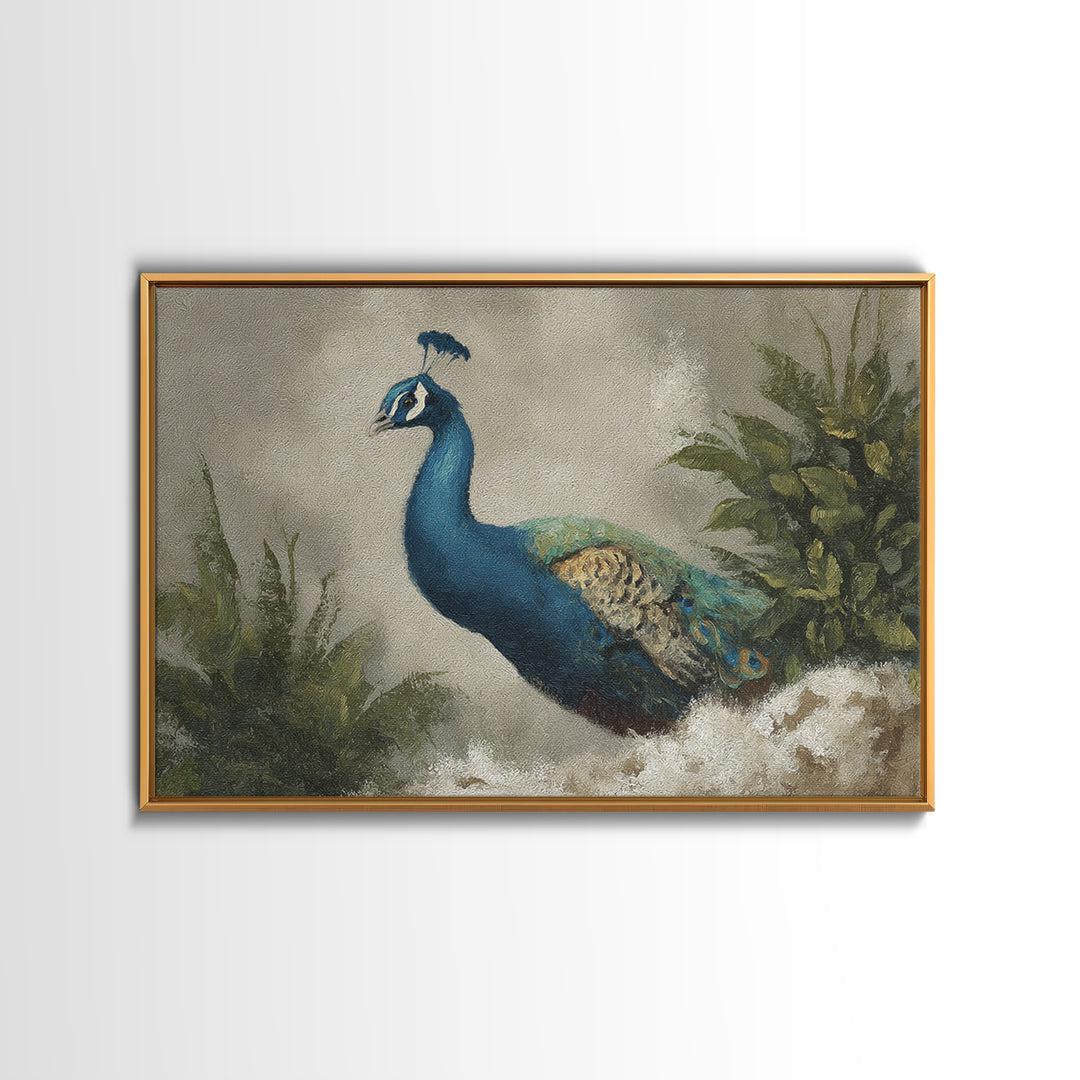 Peacock with Jewel Tone Feather Pattern Framed Canvas Print, Bird Art, Nature Wall Art, Living Room Decor, Fine Art, Flight, BIR-3x2-35