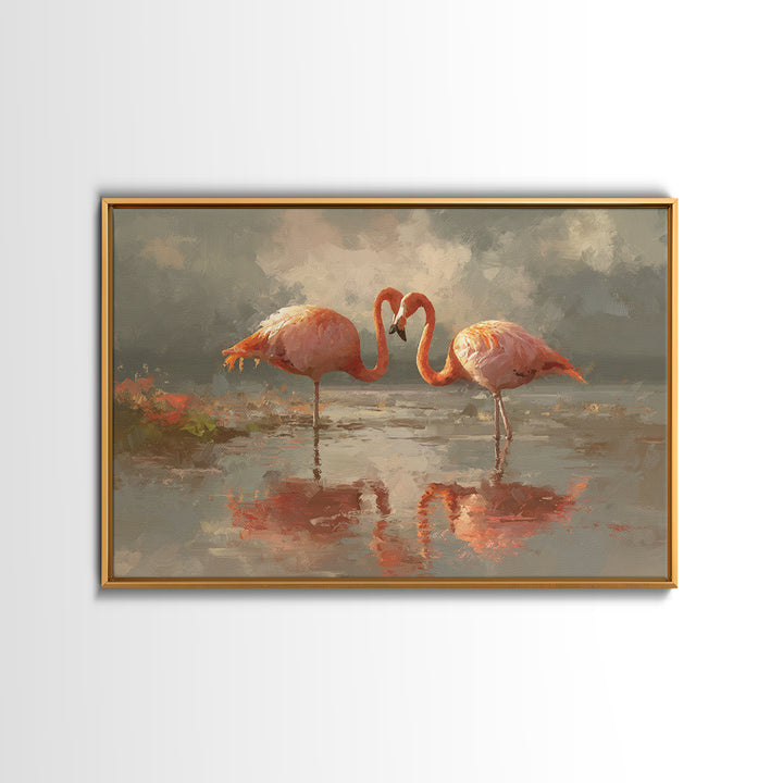 Flamingo Pair in Coral Water Reflections Canvas Print, Bird Art, Japanese Wall Art, Living Room Decor, Fine Art, Flight, BIR-3x2-38