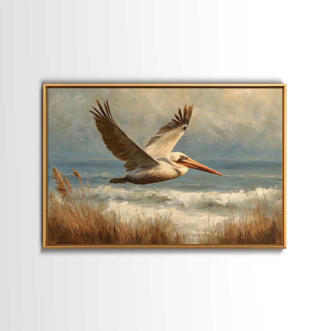 Pelican Flying over Coastal Waves Framed Canvas Print, Bird Art, Boho Wall Decor, Living Room Decor, Fine Art, Flight, BIR-3x2-46