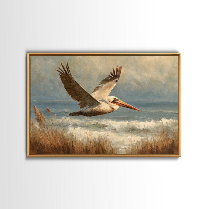Pelican Flying over Coastal Waves Framed Canvas Print, Bird Art, Boho Wall Decor, Living Room Decor, Fine Art, Flight, BIR-3x2-46