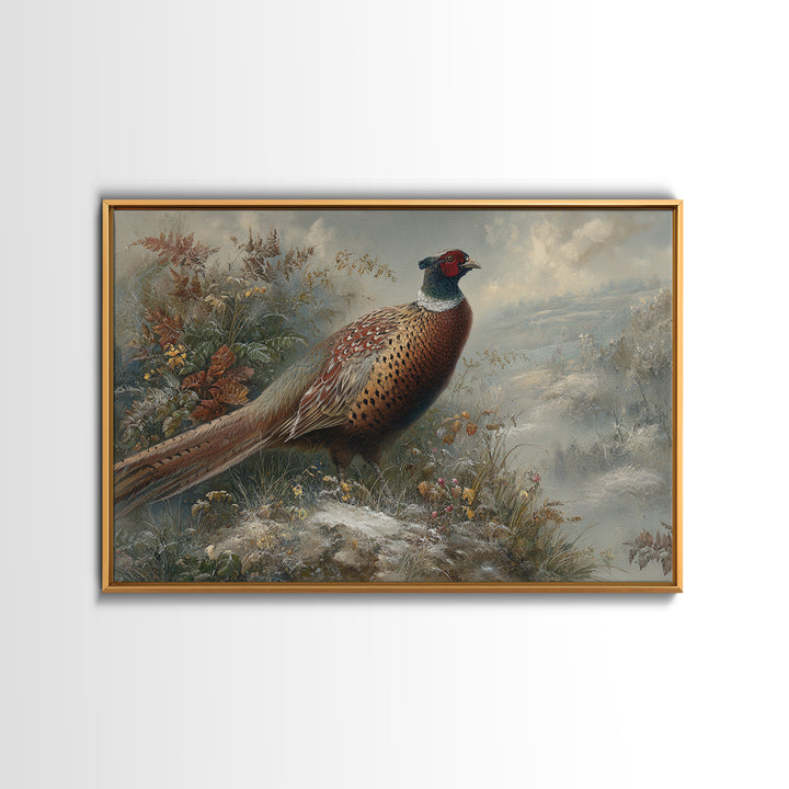 Pheasant with Ornate Feather Details Framed Canvas Print, Bird Art, Room Decor, Living Room Decor, Oil Painting, Flight, BIR-3x2-47