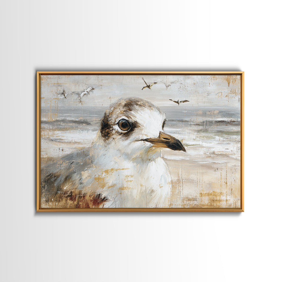 Seagulls Above a Pale Beach Horizon Canvas Print, Bird Art, Mid Century Wall Art, Living Room Decor, Fine Art, Flight, BIR-3x2-48