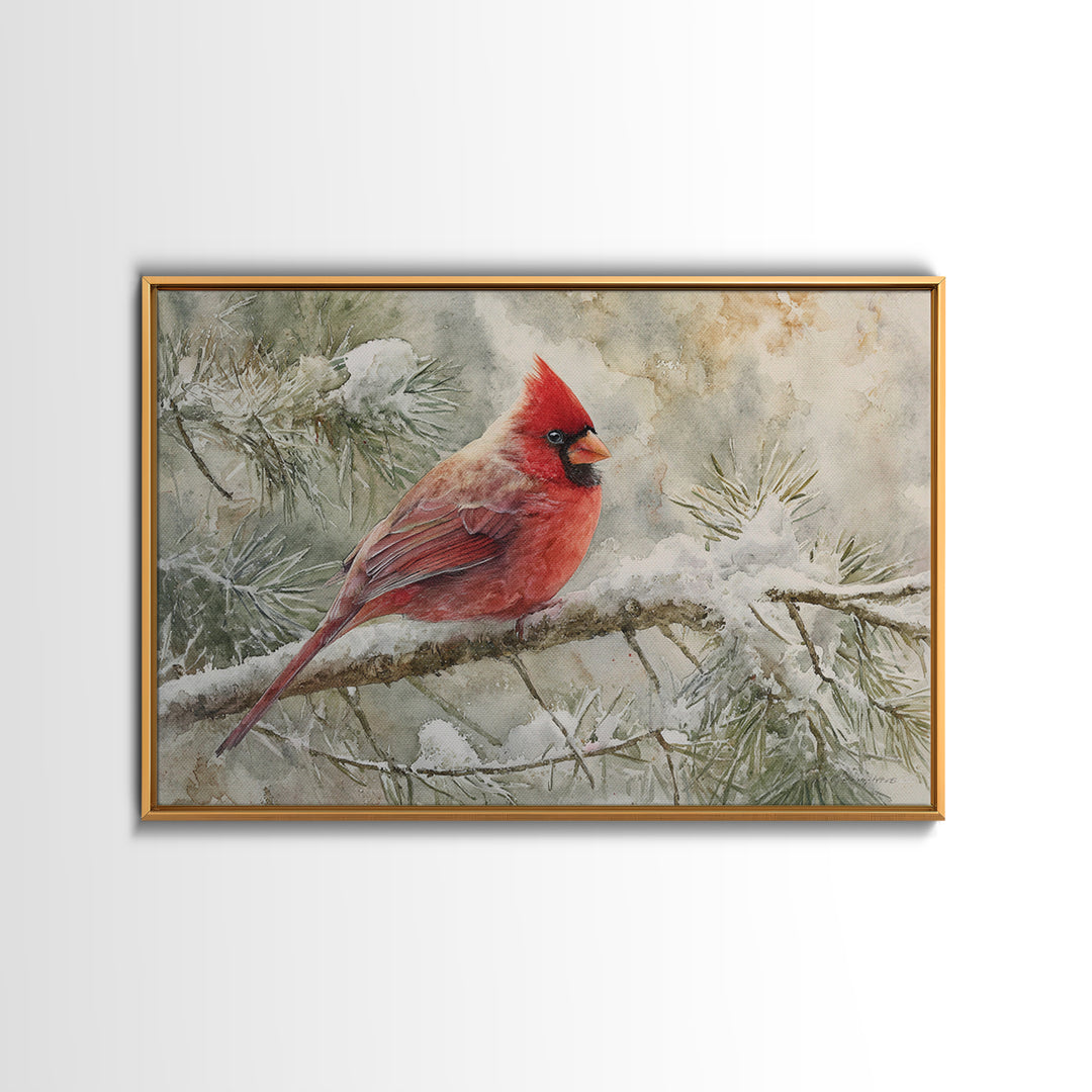 Red Cardinal on Snowy Pine Branch Framed Canvas Print, Bird Art, Mcm Decor, Living Room Decor, Oil Painting, Flight, BIR-3x2-5