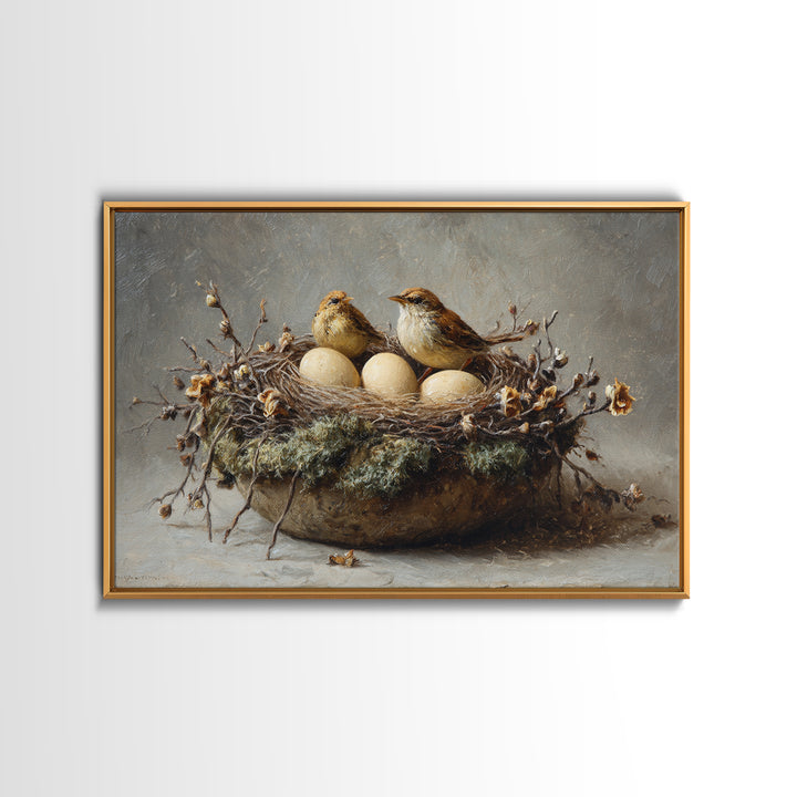 Bird Nest with Eggs and Delicate Twigs Framed Canvas Print, Bird Art, Living Room Decor, Oil Painting, Flight, BIR-3x2-50