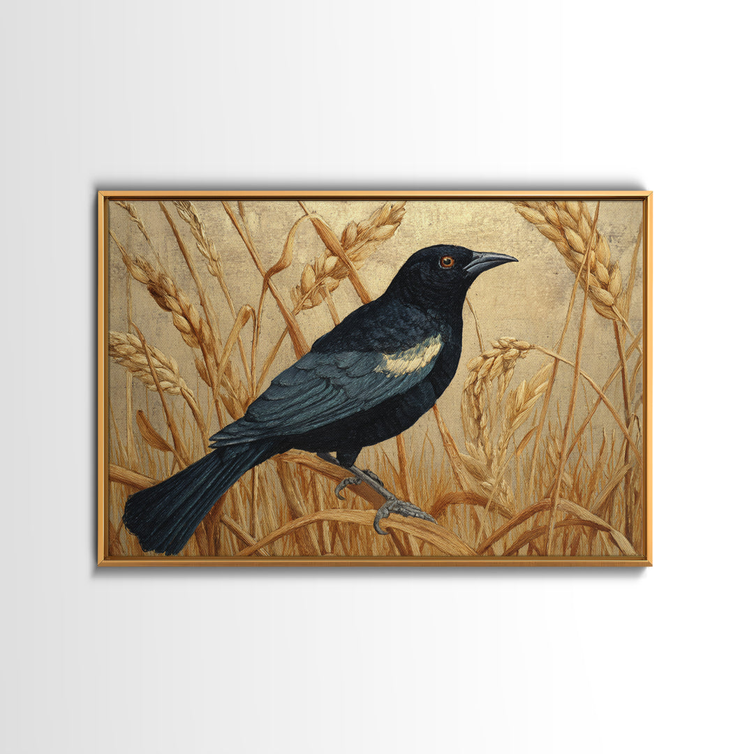 Blackbird on Gold Wheat Field Canvas Print, Bird Art, Modern Art, Living Room Decor, Abstract Art, Flight, Floral Art, BIR-3x2-52