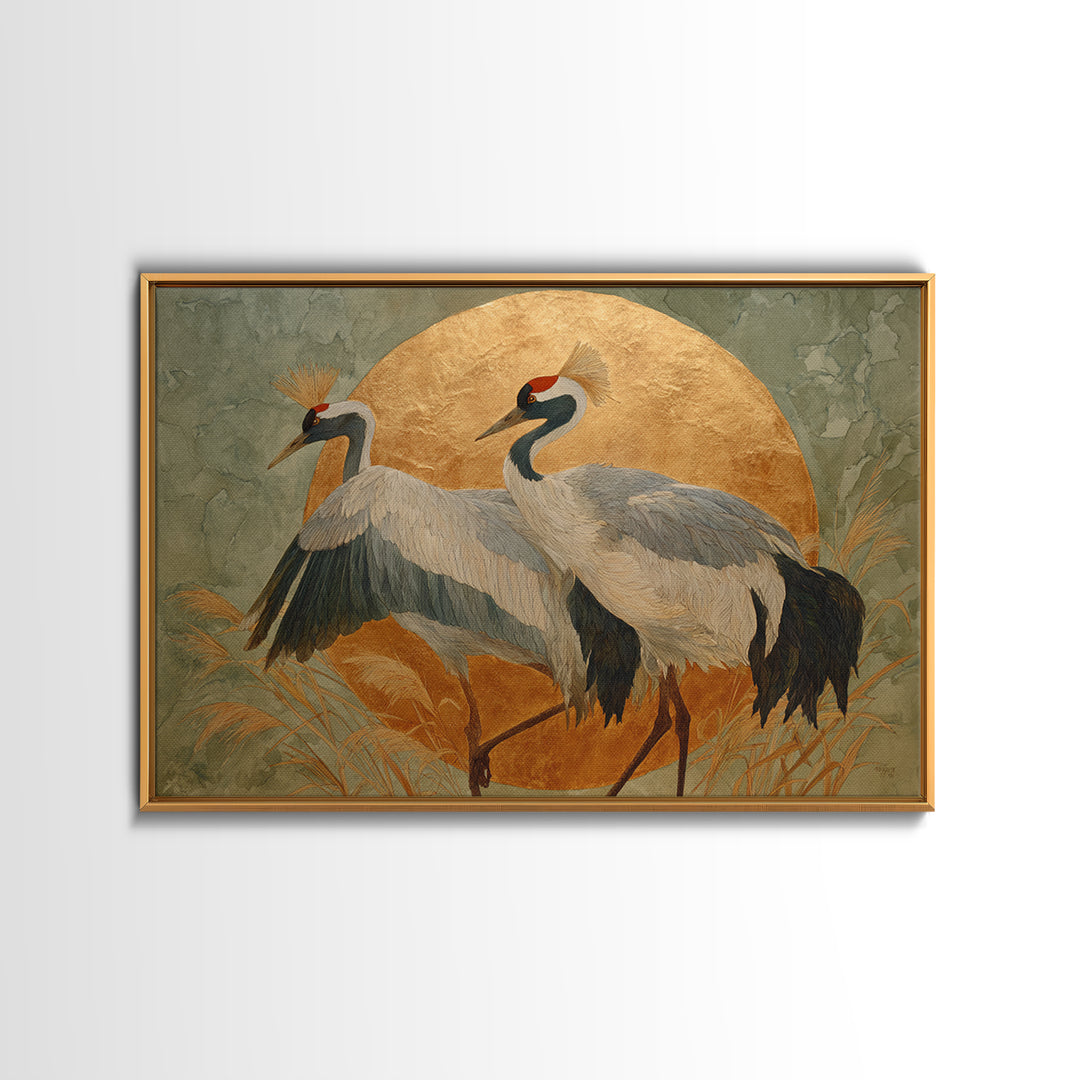 Pair of Cranes Dancing Framed Canvas Print, Bird Art, Digital Prints, Living Room Decor, Oil Painting, Flight, Modern Art, BIR-3x2-55