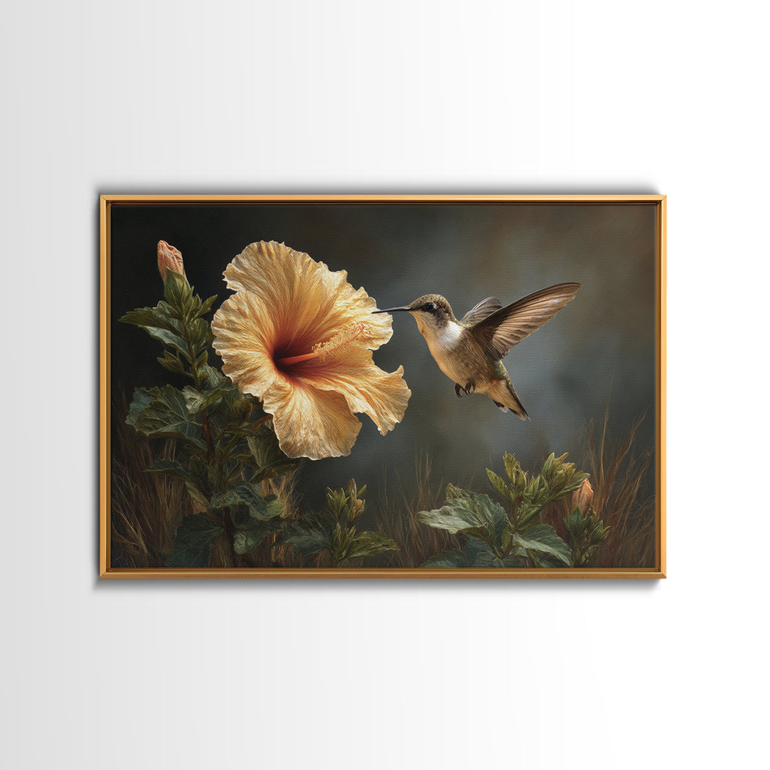 Hummingbird Hovering Beside Bright Hibiscus Canvas Print, Bird Art, Floral Art, Living Room Decor, Fine Art, Flight, BIR-3x2-56
