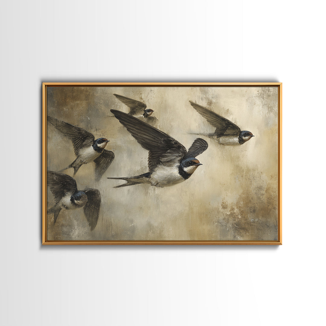 Flock of Swallows Sweeping Across Open Sky Canvas Print, Bird Art, Botanical Wall Art, Living Room Decor, Watercolor Art, BIR-3x2-58