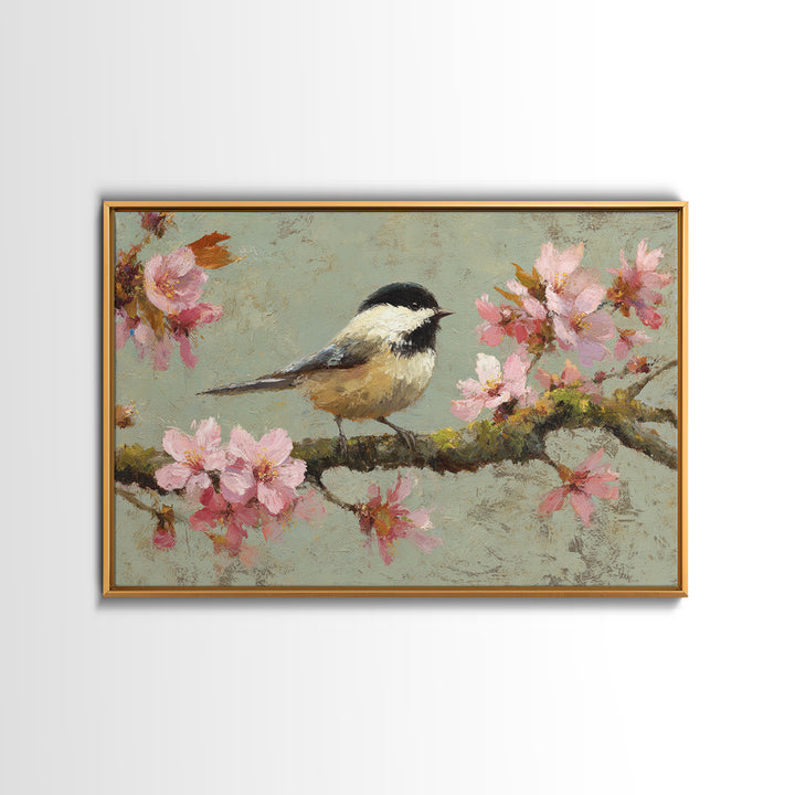 Songbird Perched on Cherry Blossoms Framed Canvas Print, Bird Art, Forest Wall Art, Living Room Decor, Fine Art, Flight, BIR-3x2-60